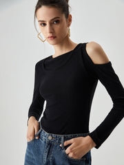 Asymmetrical Shoulder Cut Out Long Sleeve Solid Top