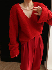 Knit Solid V-neck Long Sleeve Sweater