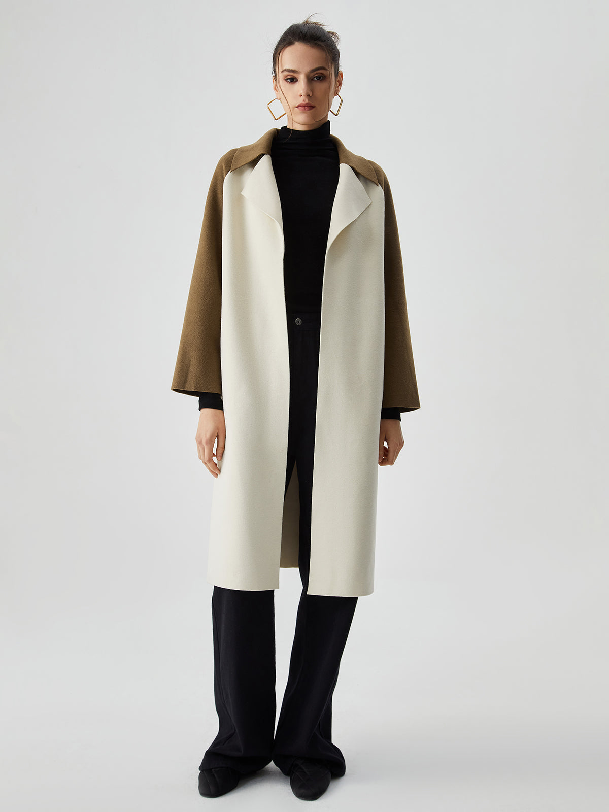 Wool-blend Two Tone Collar Pocket Tie Coat