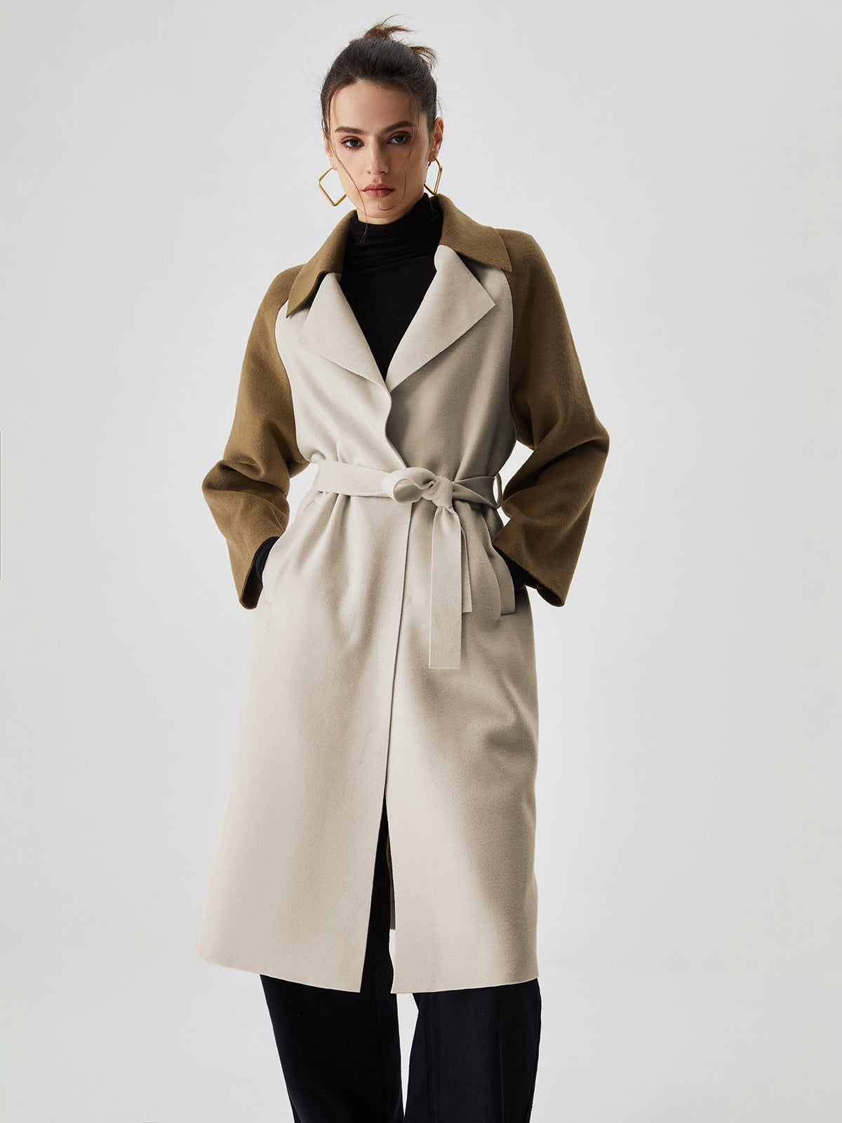 Wool-blend Two Tone Collar Pocket Tie Coat