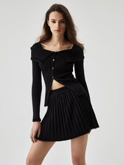 Overfold Button Pleated Two Piece Knit Skirt Set