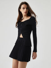 Overfold Button Pleated Two Piece Knit Skirt Set