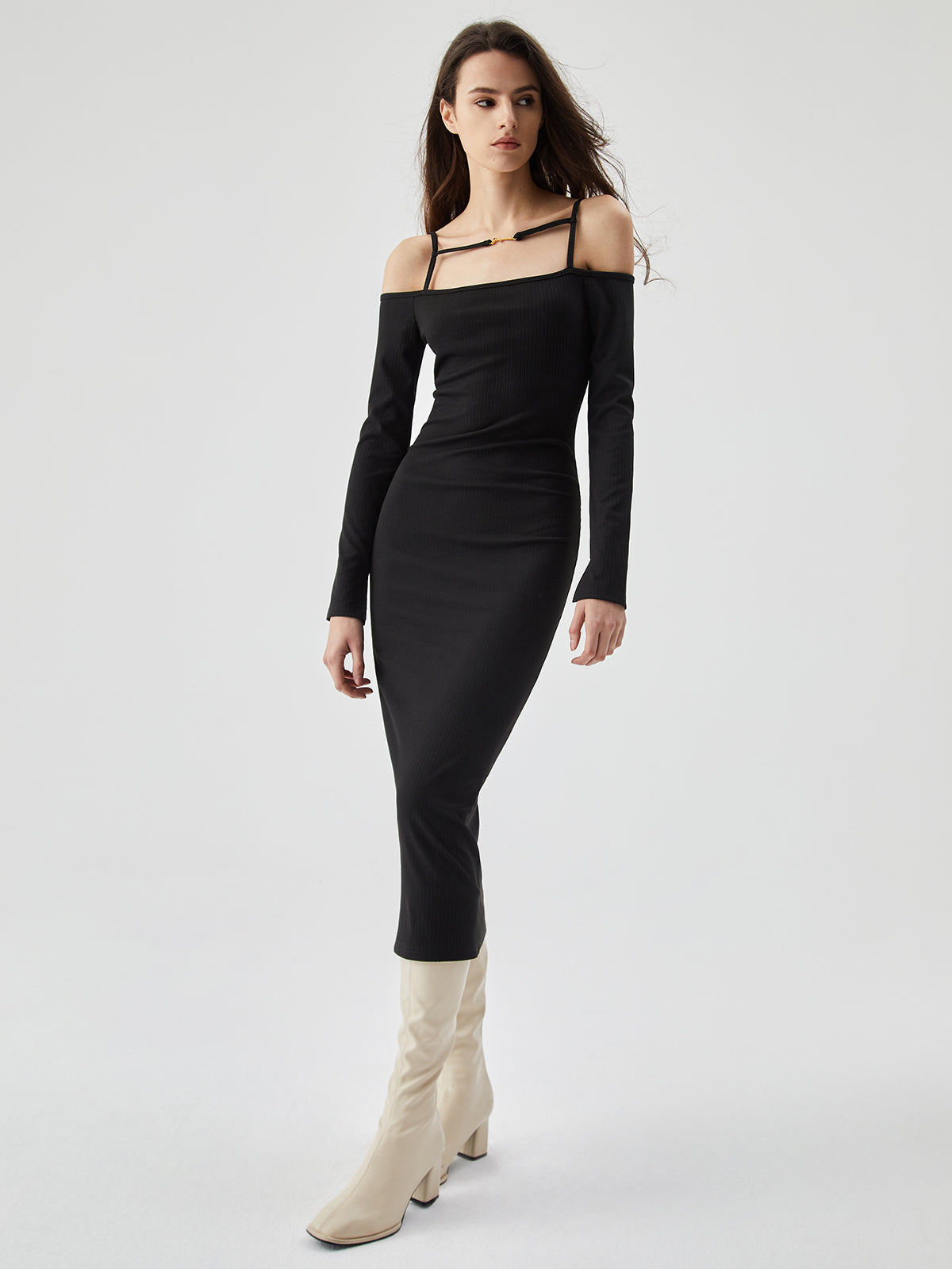 Off Shoulder Long Sleeve Knit Cami Midi Dress