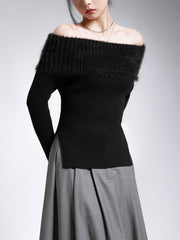 Fuzzy Off Shoulder Ribbed Knit Patchwork Split Sweater