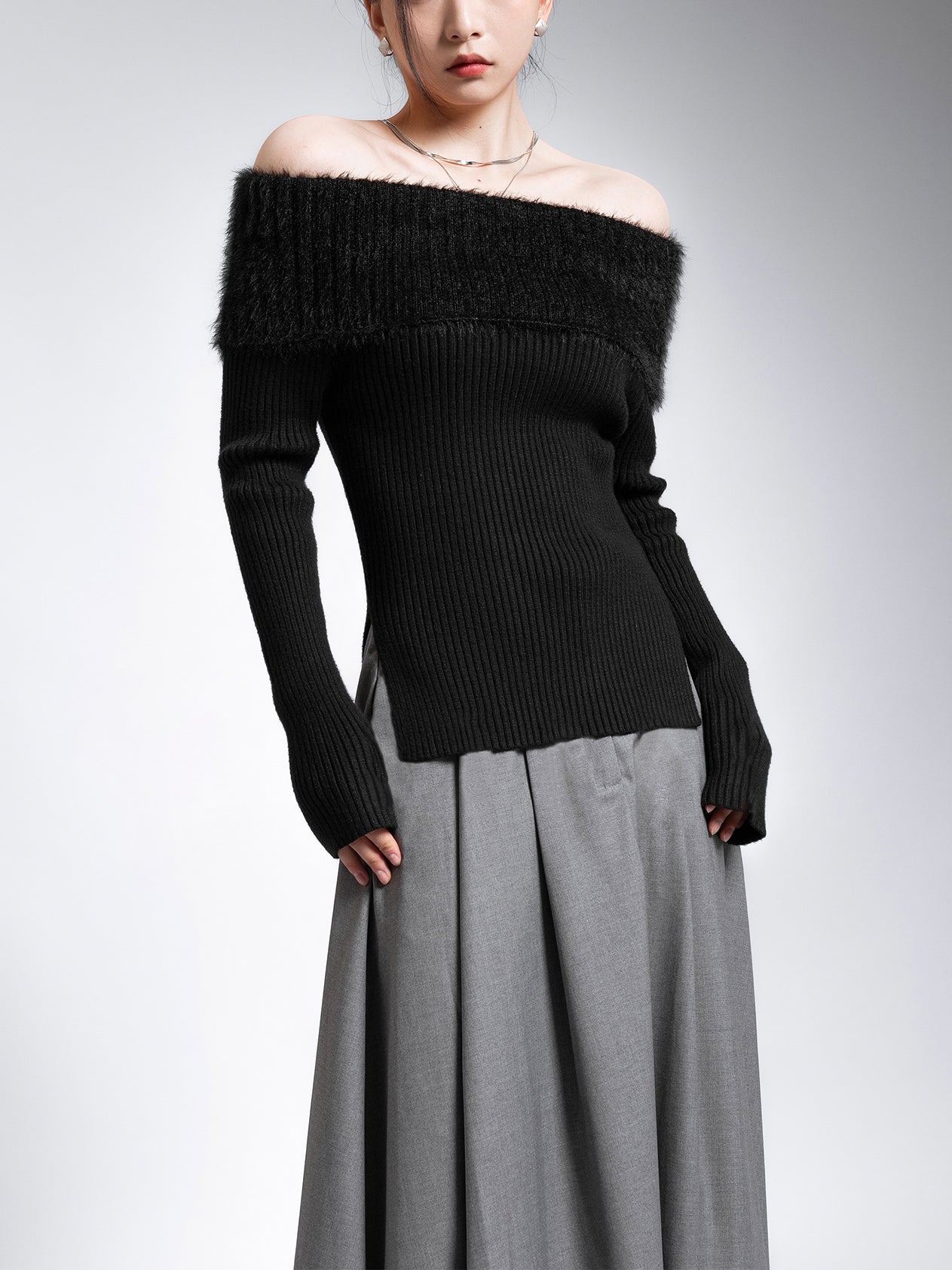 Fuzzy Off Shoulder Ribbed Knit Patchwork Split Sweater