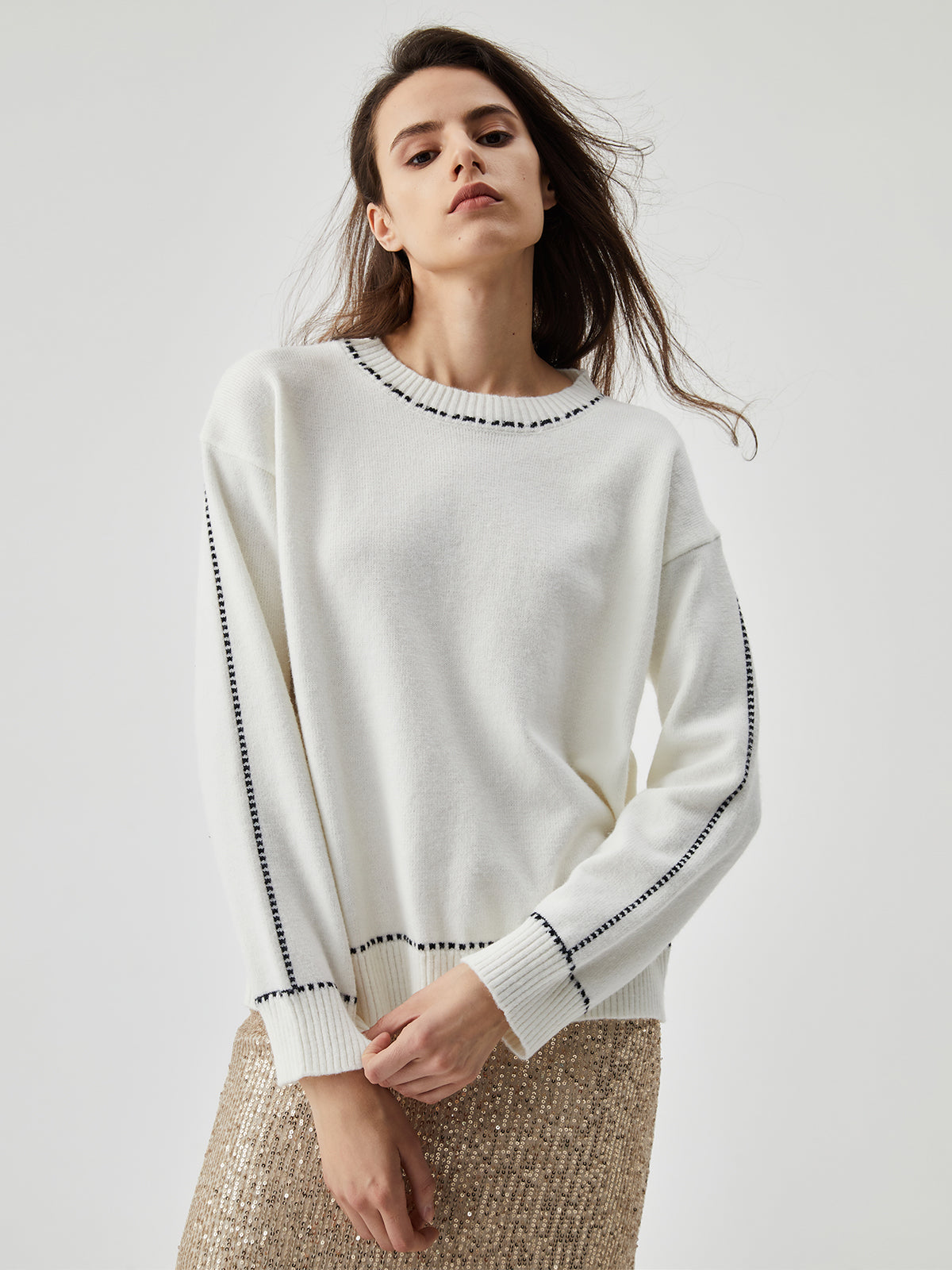 Knit Contrast Trim Crew Neck Sweater