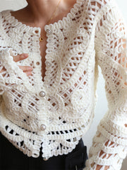 Crocheted Hollow Beaded Button Cardigan