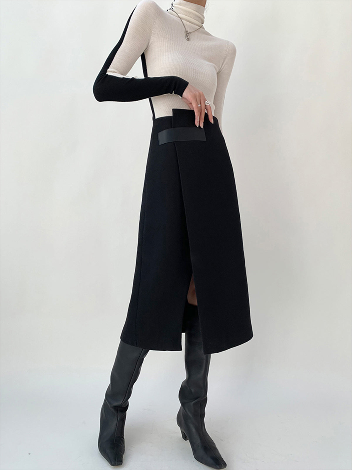 High Waist Tweed Asymmetric Wrap Midi Skirt