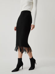 Middle Waist Ribbed Knit Tassel Midi Skirt