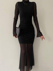 Semi-sheer Mesh Long Sleeve Midi Dress