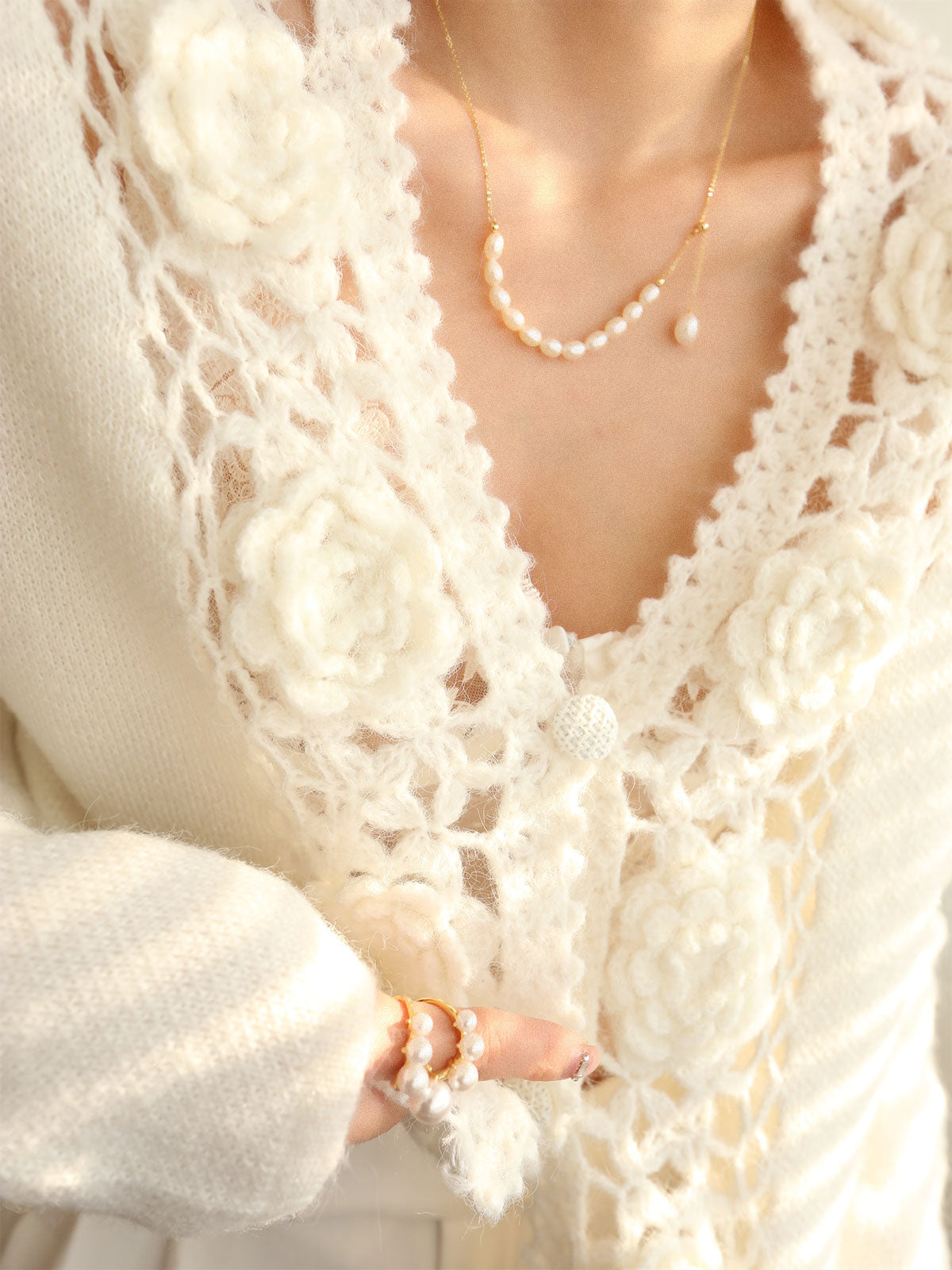 Knit Floral Crocheted Hollow V-neck Cardigan