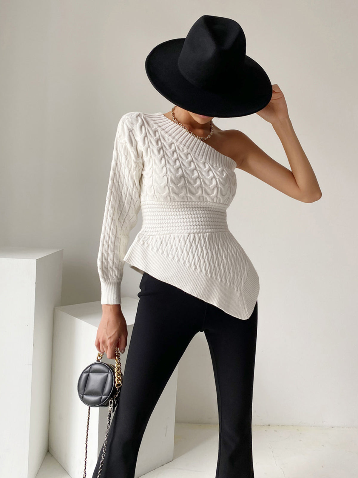 One Shoulder Asymmetrical Cable Sweater