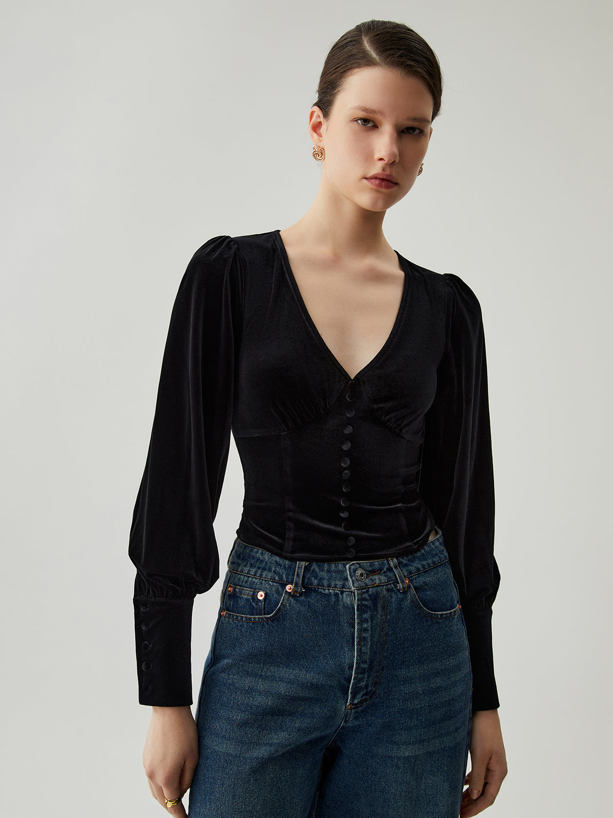 Velvet Buttoned V-neck Long Sleeve Crop Top