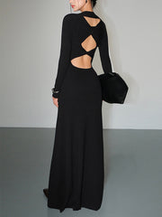 Solid Knit Cut Out Long Sleeve Crew Neck Maxi Dress