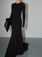 Solid Knit Cut Out Long Sleeve Crew Neck Maxi Dress