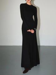 Solid Knit Cut Out Long Sleeve Crew Neck Maxi Dress