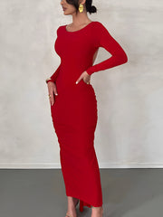 Ruched Open Back Long Sleeve Maxi Dress