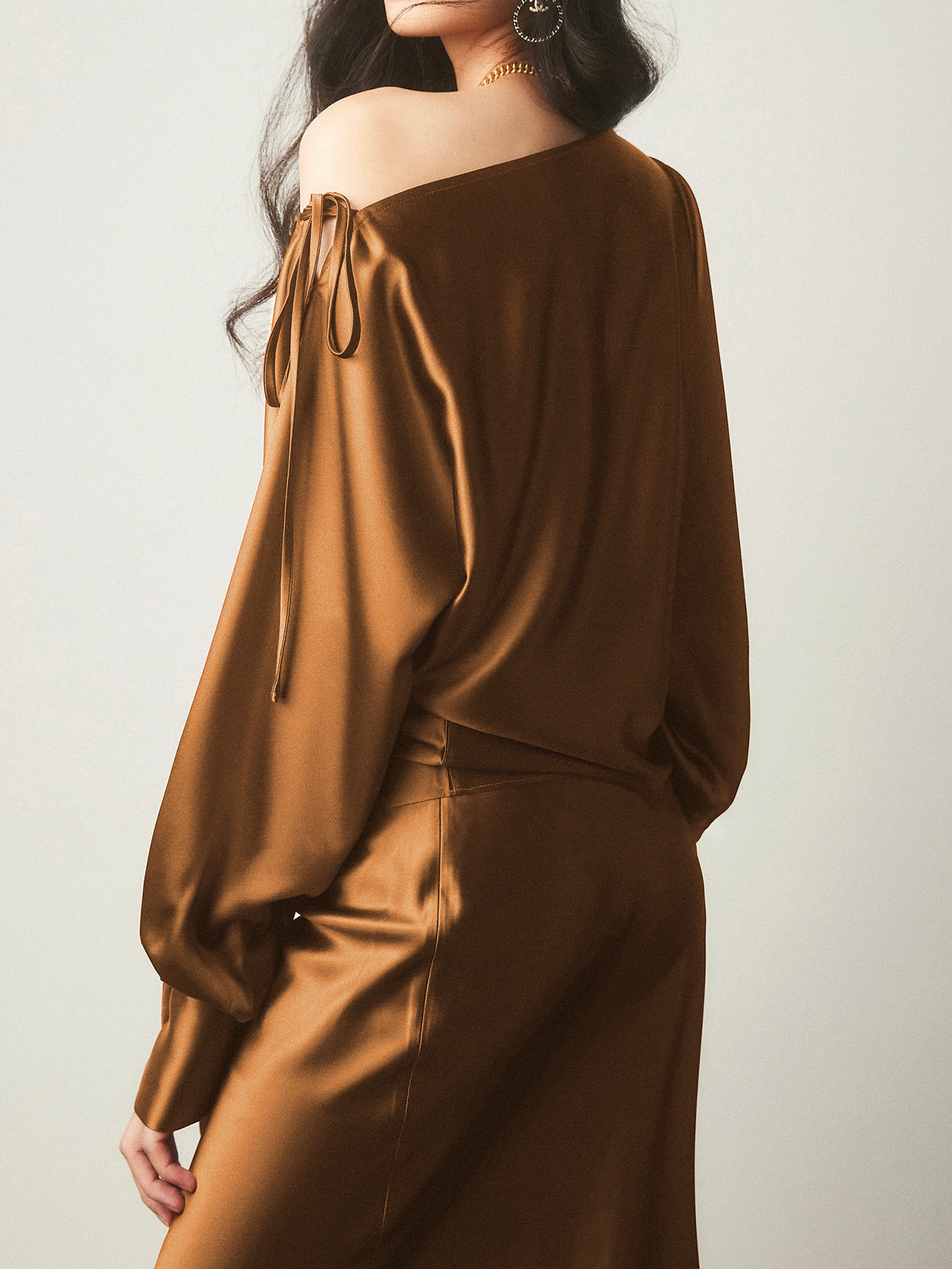 Satin Asymmetrical Cold Shoulder Tied Blouse