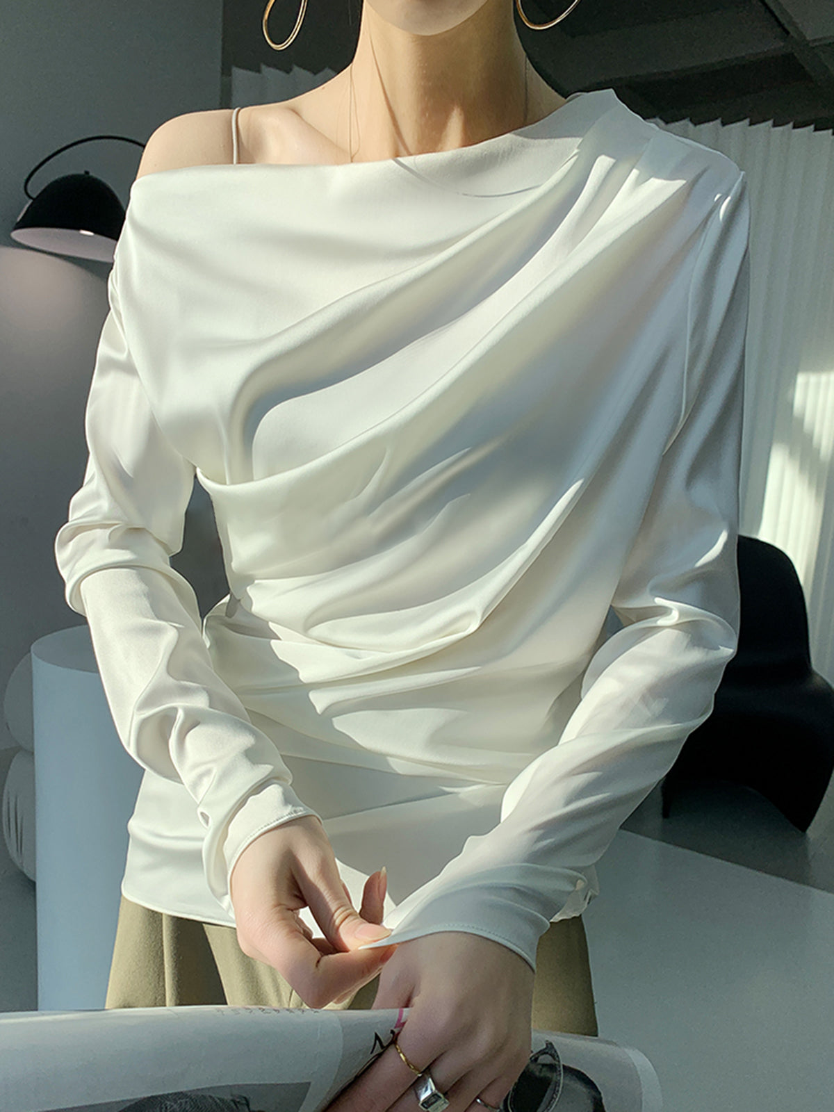 Satin Asymmetrical Off Shoulder Ruched Blouse