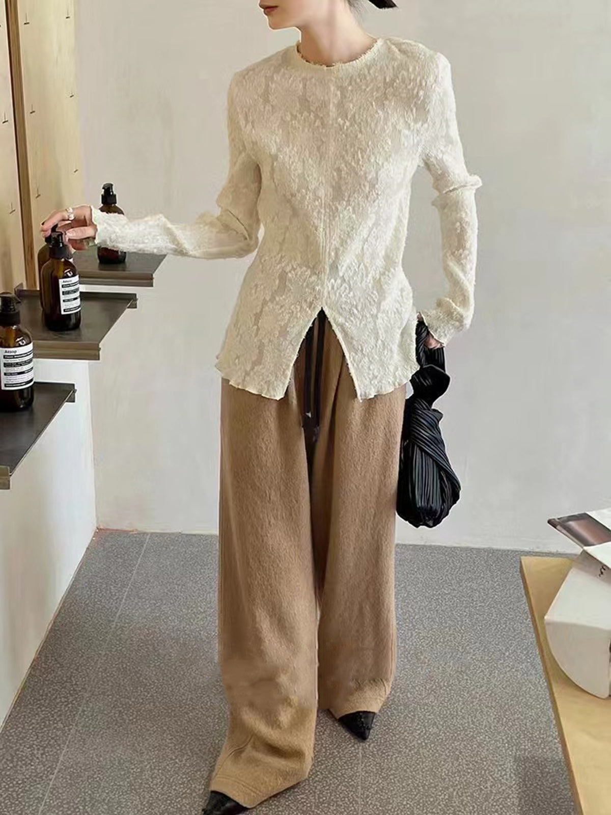 Semi-sheer Jacquard Lace Long Sleeve Split Top