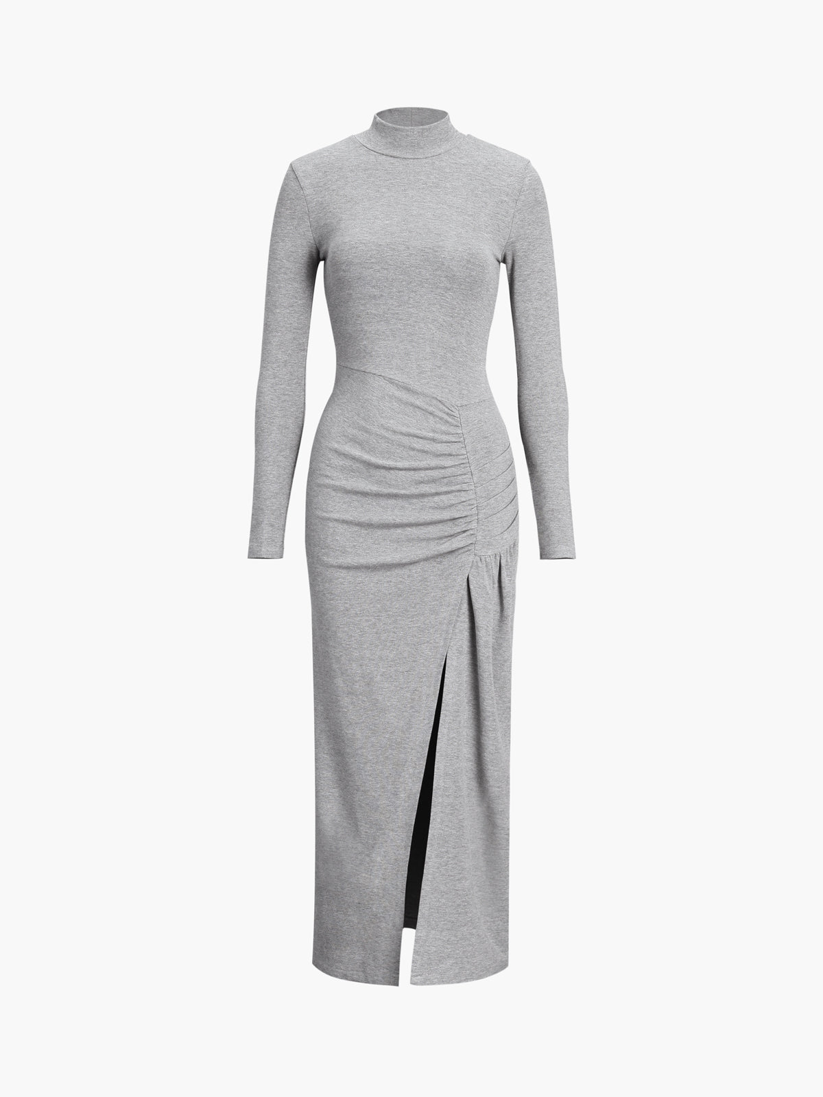 Slit Pleated Long Sleeve Bodycon Mock Neck Long Dress