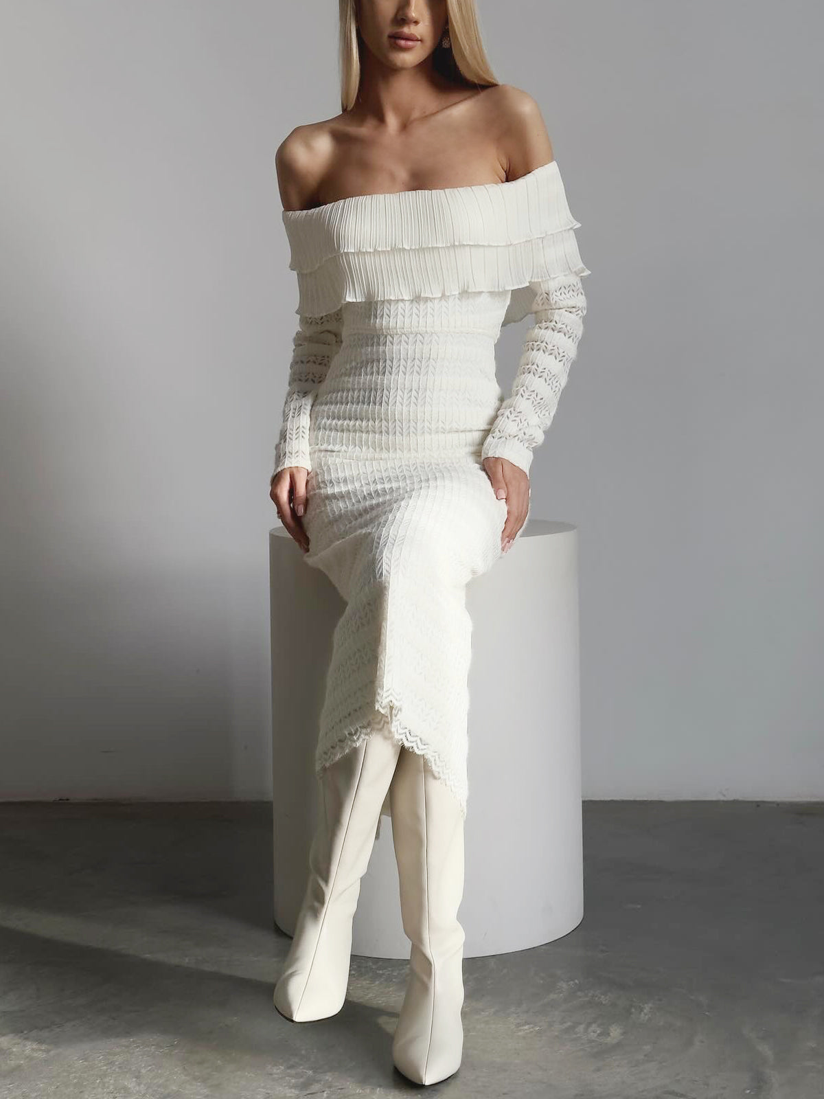 Ruffled Overfold Off Shoulder Layered Knit Midi Dress