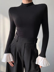 Mock Neck Ruffled Cuff Slinky Top