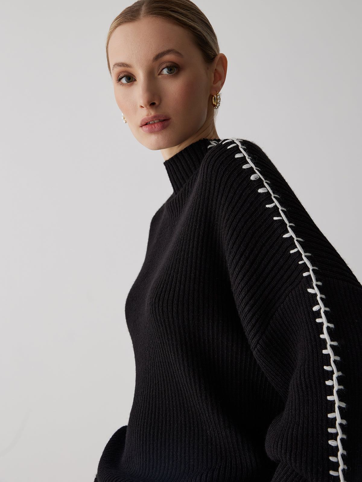 Mock Neck Contrast Knit Sweater