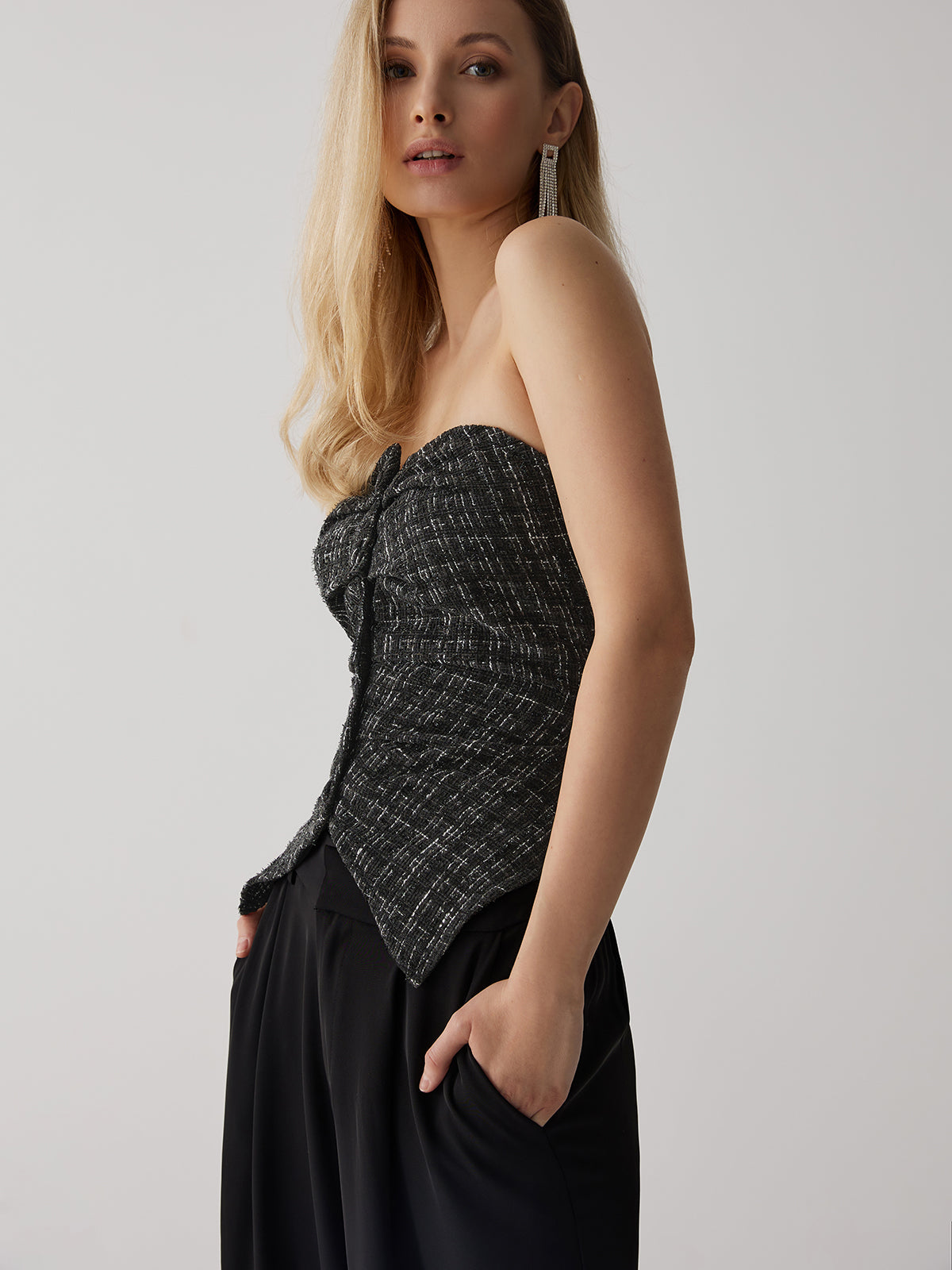 Tweed Button Ruched Tube Top