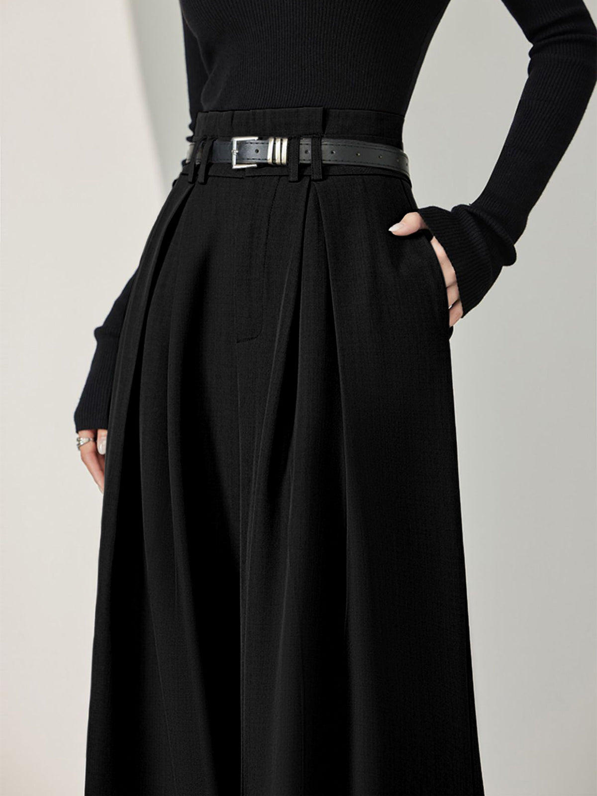 Solid Belted Pleated Wide Leg Pants