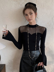 Solid Contrast Sheer Trumpet Cuff Mesh Top