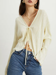 Textured Ruffle Trim Tied Blouse