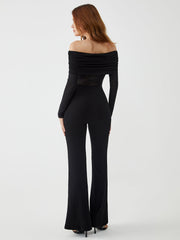 Overfold Off-Shoulder Mesh Long Sleeve Jumpsuit