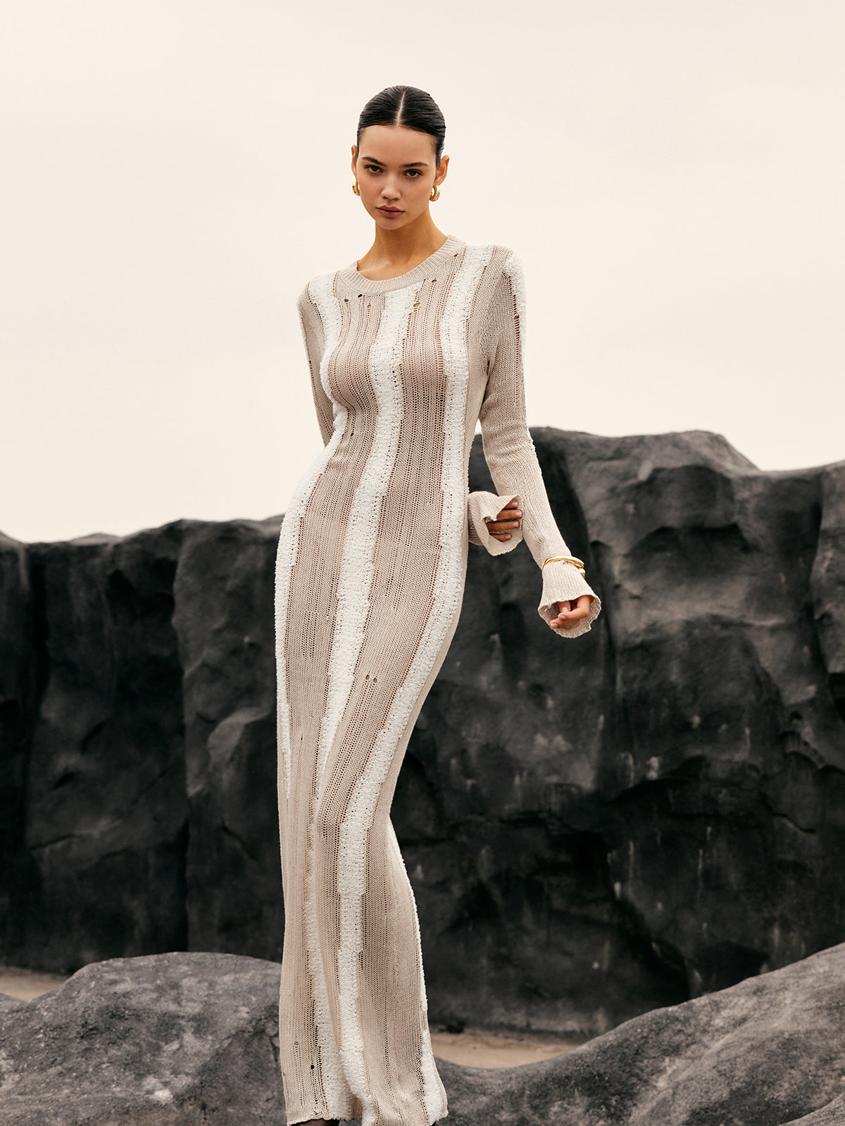 Jacquard Striped Crochet Long Dress