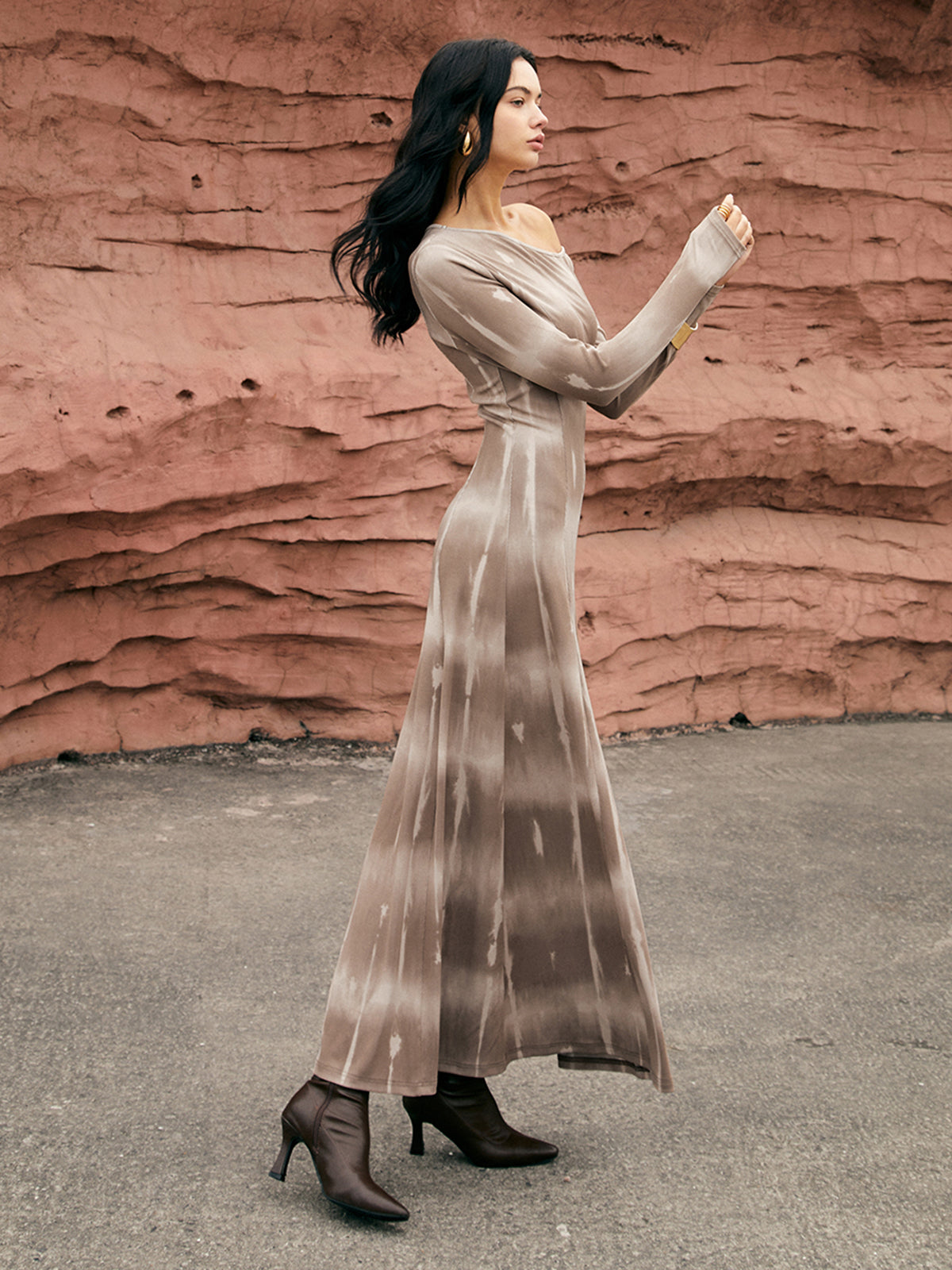 Maillard Tie Dye One-Shoulder Knit Long Dress