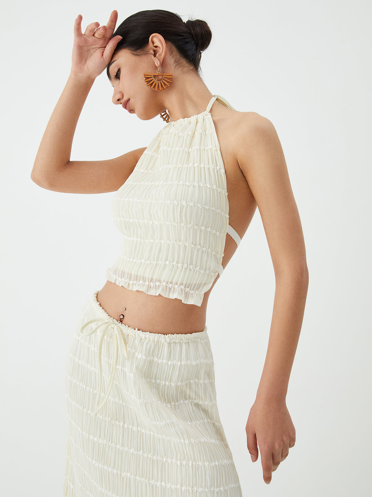 Backless Halter Top With Pleated Maxi Skirt Set