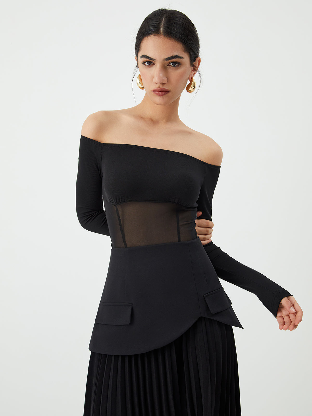 Mesh Off Shoulder Patchwork Bodysuit