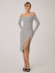 Off-Shoulder Rosette Split Midi Dress