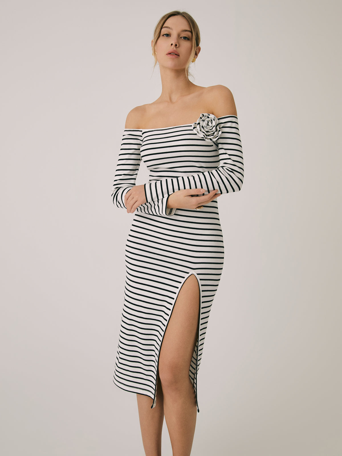 Off-Shoulder Rosette Split Midi Dress