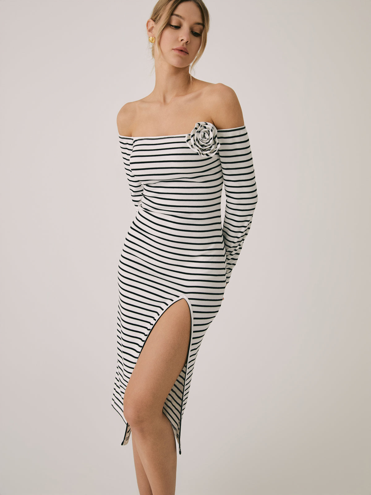 Off-Shoulder Rosette Split Midi Dress