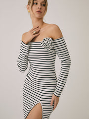 Off-Shoulder Rosette Split Midi Dress