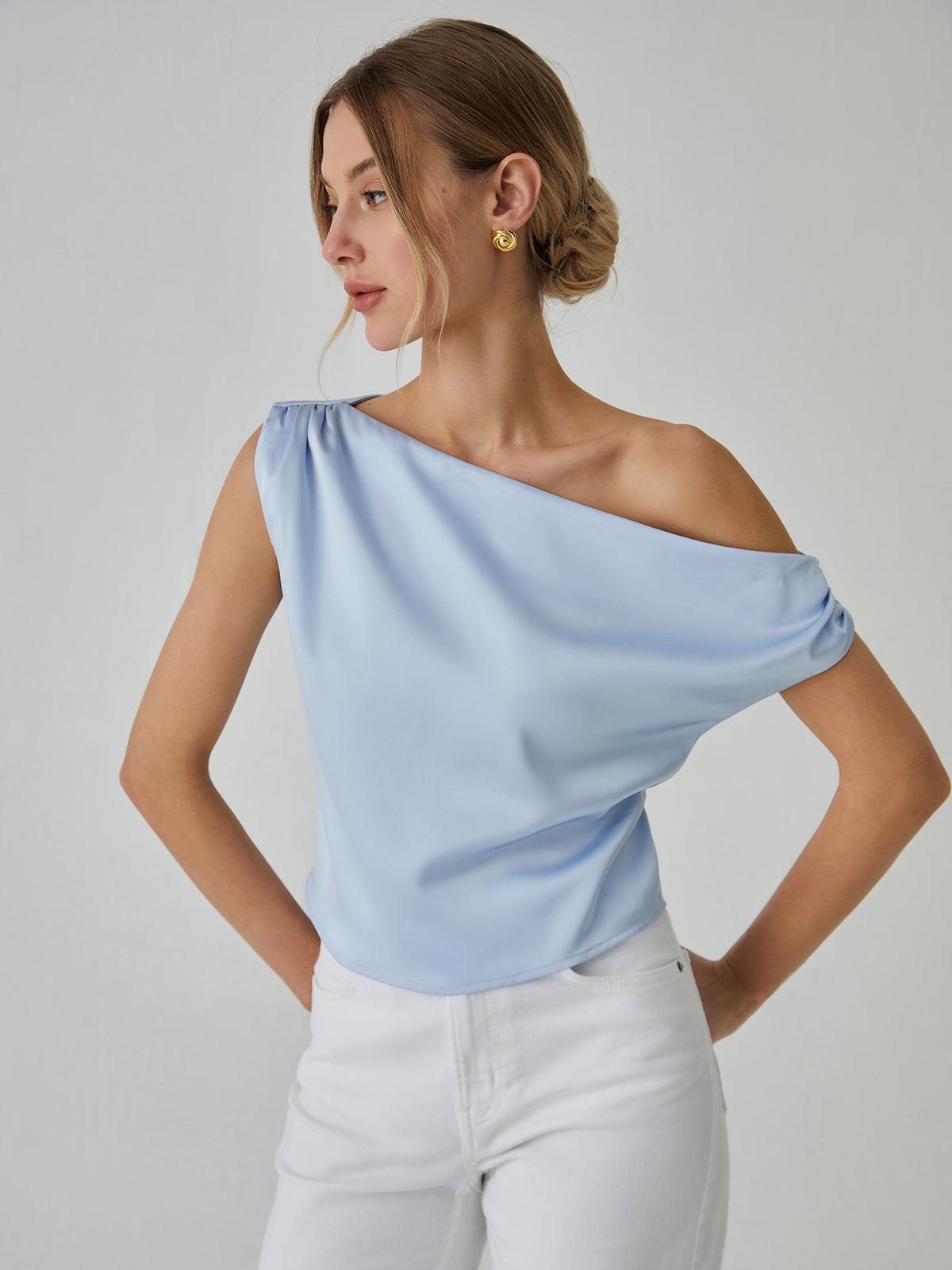 One Shoulder Off Knotted Blouse