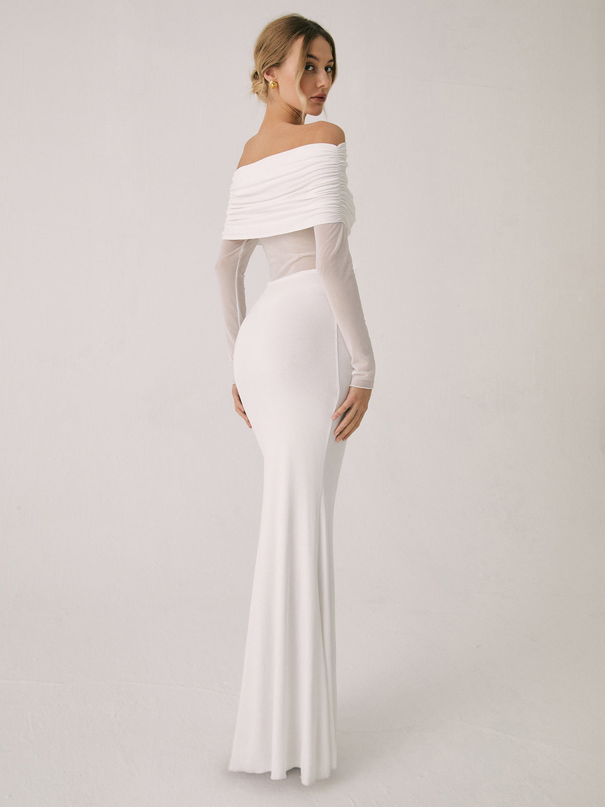 Overfold Off-Shoulder Mesh Long Sleeve Long Dress