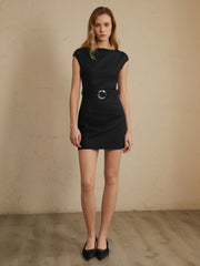 Minimalism Belted Cap Sleeve Short Dress