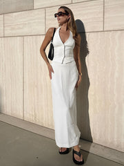 Solid V-Neck Backless Tie Up Halter & Split Maxi Skirt Set