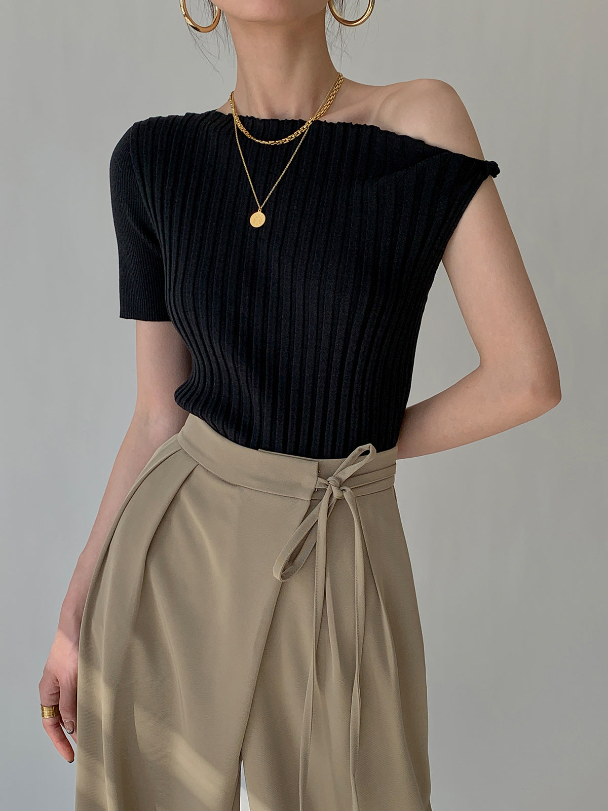 Asymmetrical Neck One Shoulder Off Knit Top