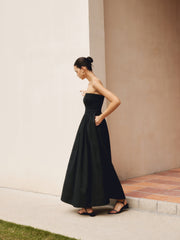 Cotton & Linen Pleat Strapless Long Dress