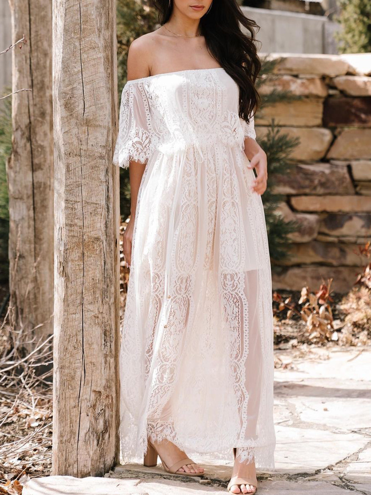 Sheer Lace Jacquard Cold Shoulder Long Dress