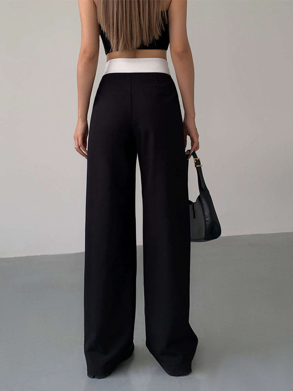 Folded Waist Contrast Wide Leg Pants