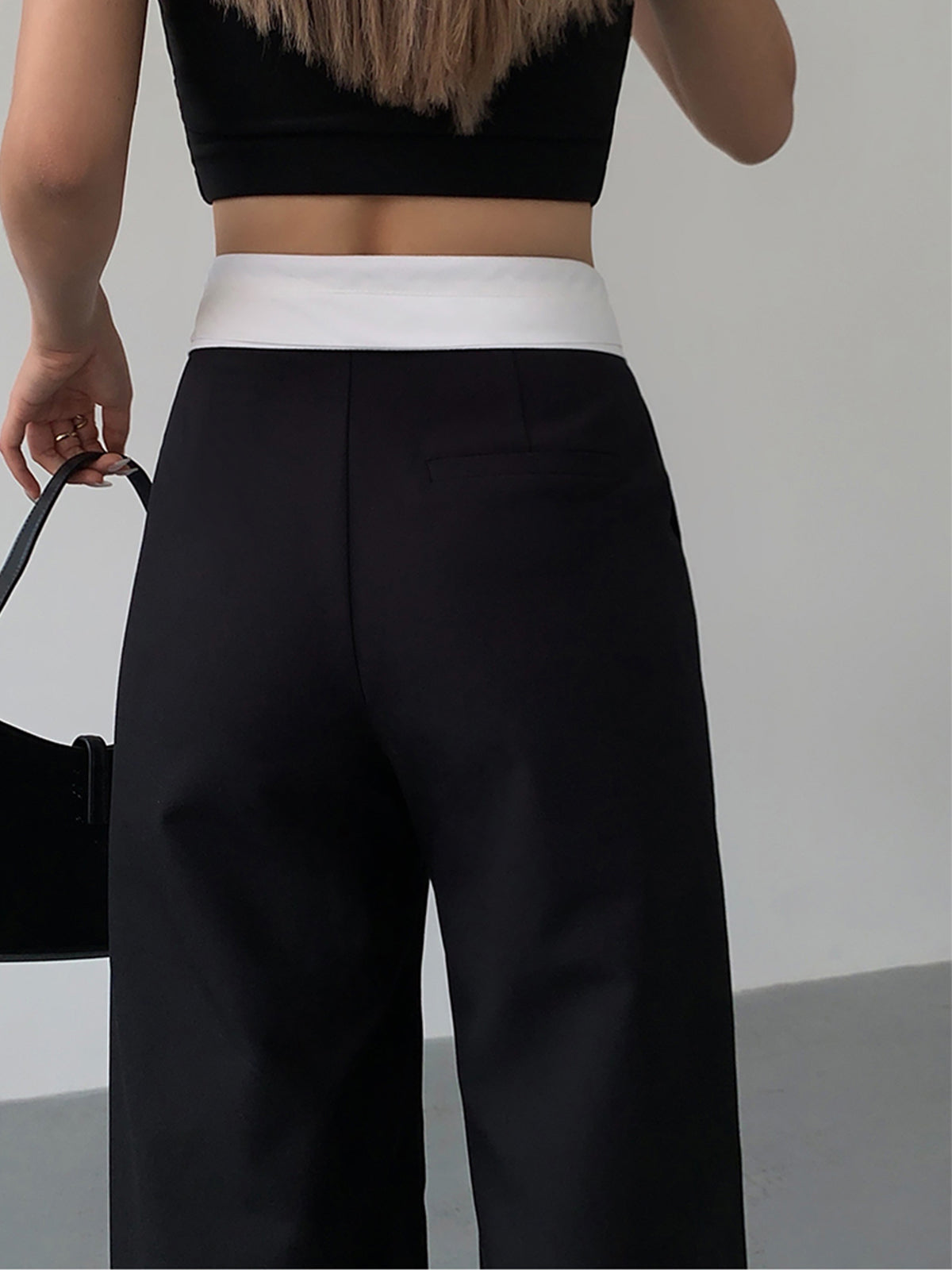 Folded Waist Contrast Wide Leg Pants